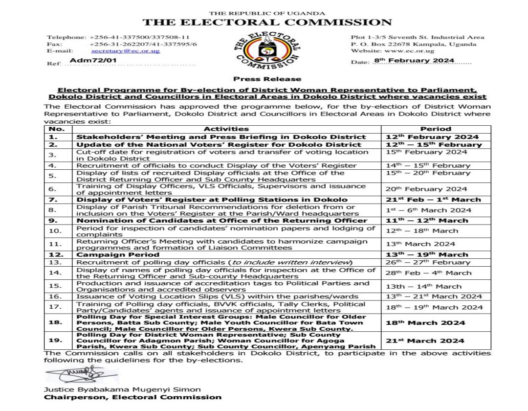 Electoral Commission releases programme for Dokolo By Elections