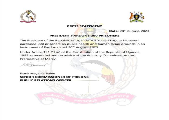 President Museveni pardons 200 prisoners